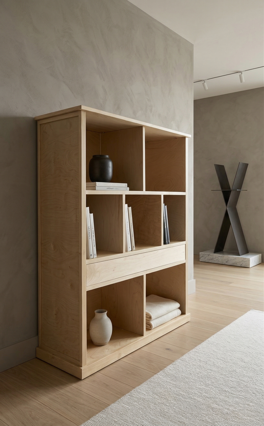 Custom wooden display cabinet with open shelving and hidden drawer, handcrafted modular bookcase for home storage and decor - Lofi Woodworks