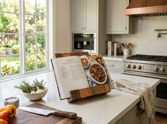 Handmade walnut cookbook stand holding an open cookbook on a kitchen counter.