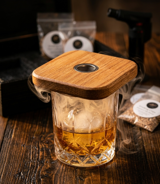 Handmade wooden cocktail smoker adding smoke to whiskey glass