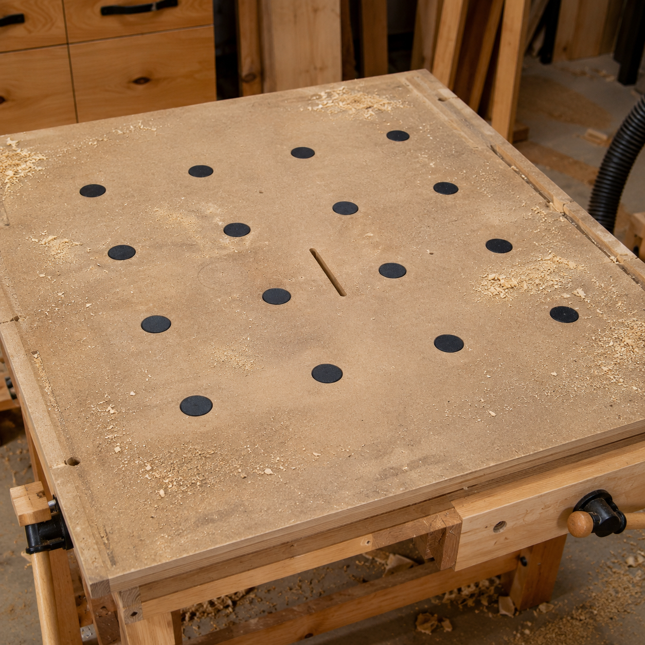 small woodworking bench with dog hole covers in all the dogs made by lofi woodworks