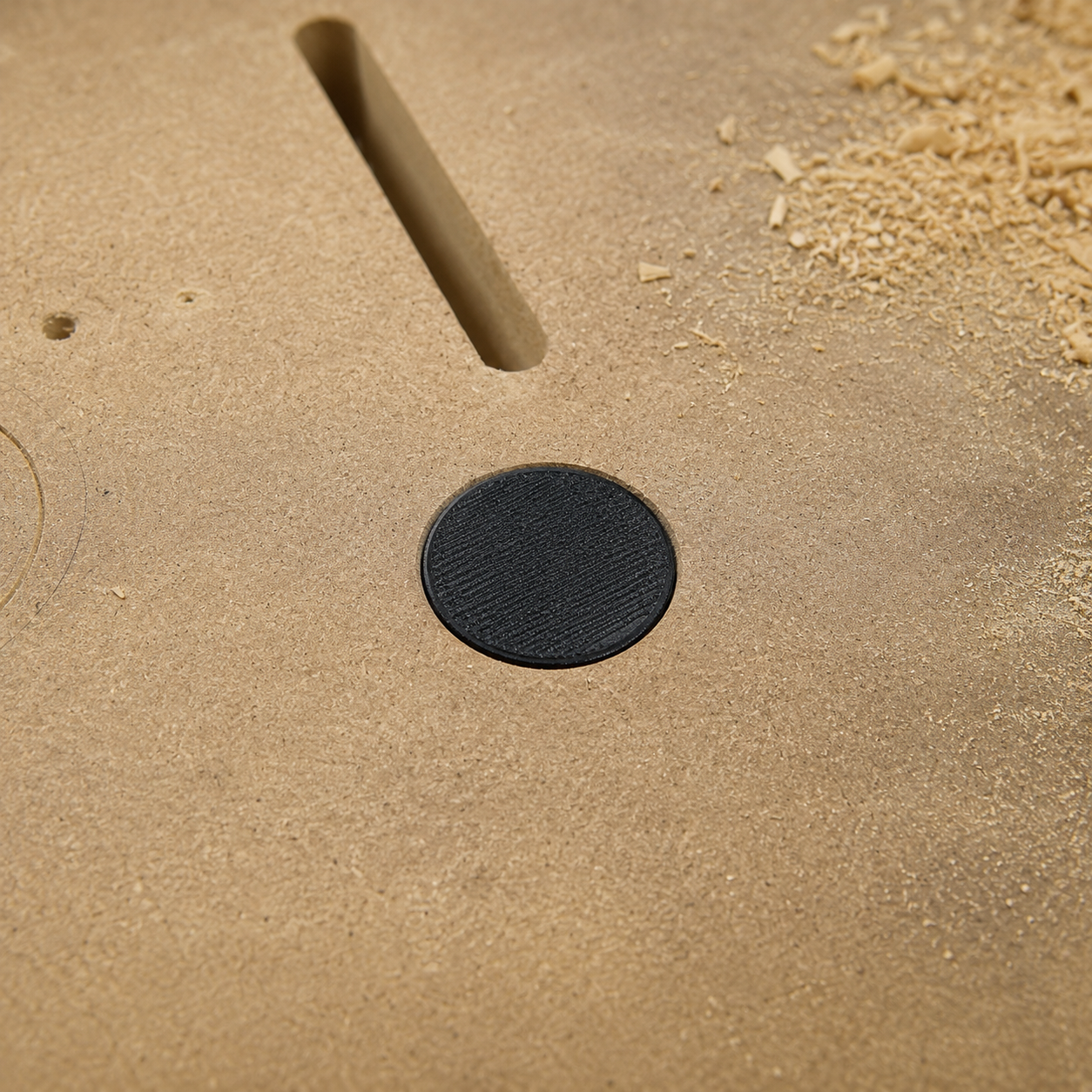 bench dog cover recessed into chamfer by lofi woodworks