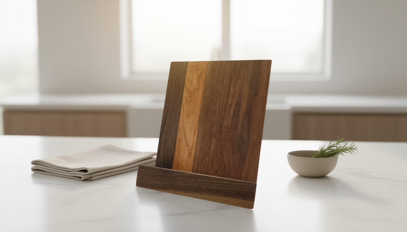 Handmade wooden cookbook stand, front view – Lofi Woodworks