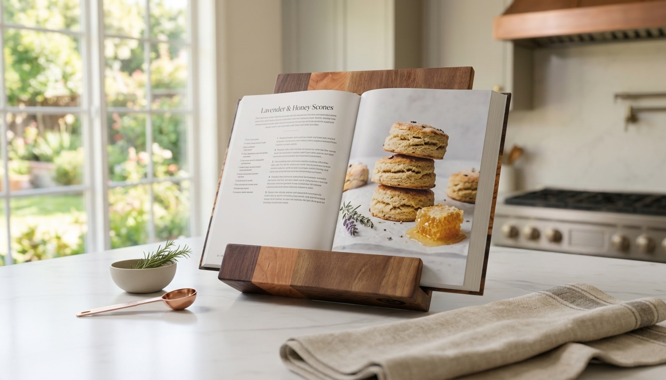 Lofi Woodworks cookbook stand in kitchen setting – Lofi Woodworks