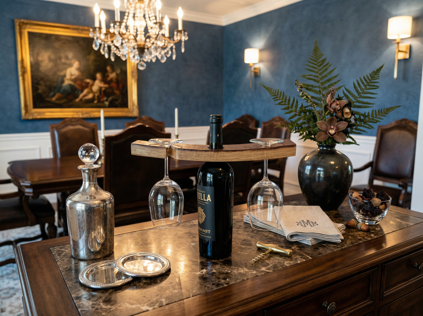 Wine stave caddy with bottle, warm lifestyle setting – Lofi Woodworks