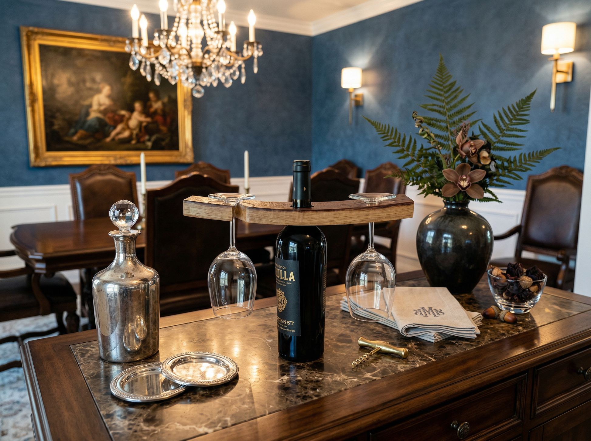 Wine stave caddy with bottle, warm lifestyle setting – Lofi Woodworks