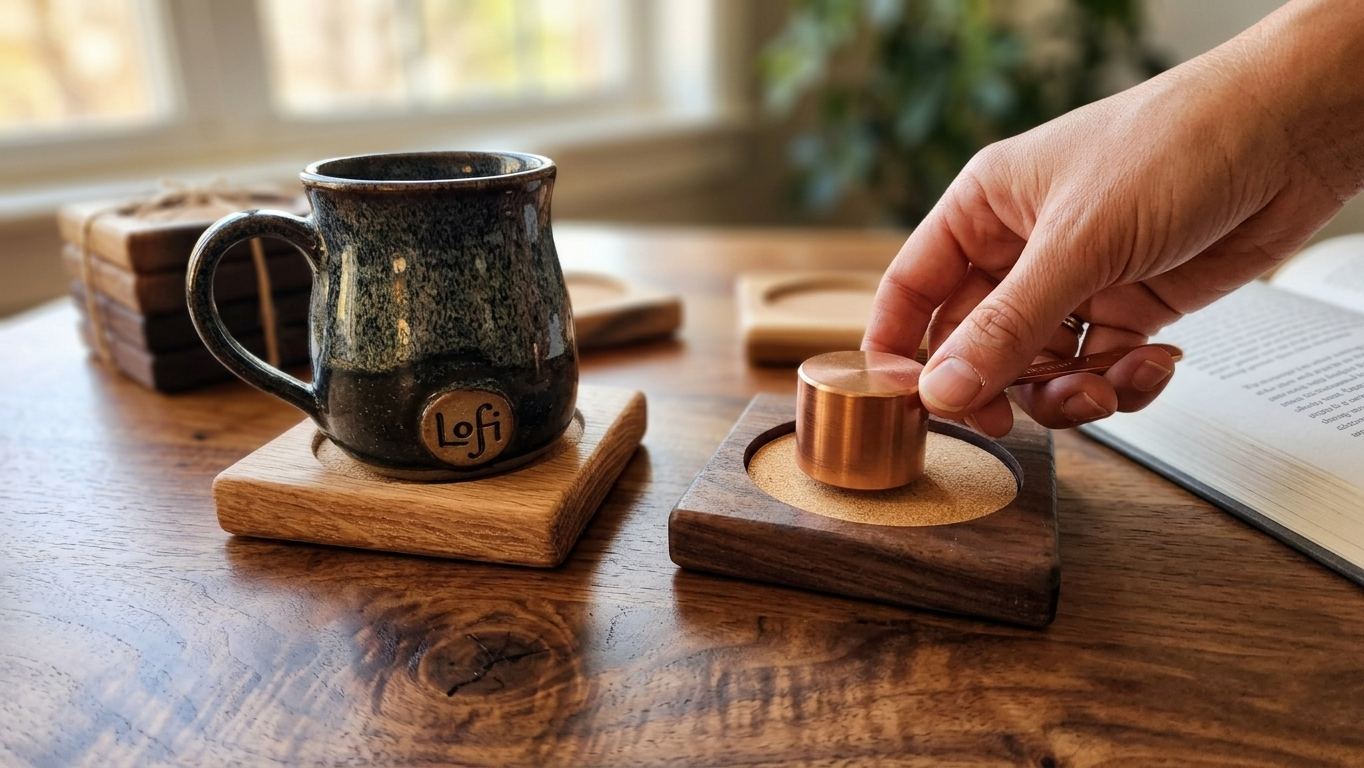 Reclaimed wood coasters on table, lifestyle shot – Lofi Woodworks