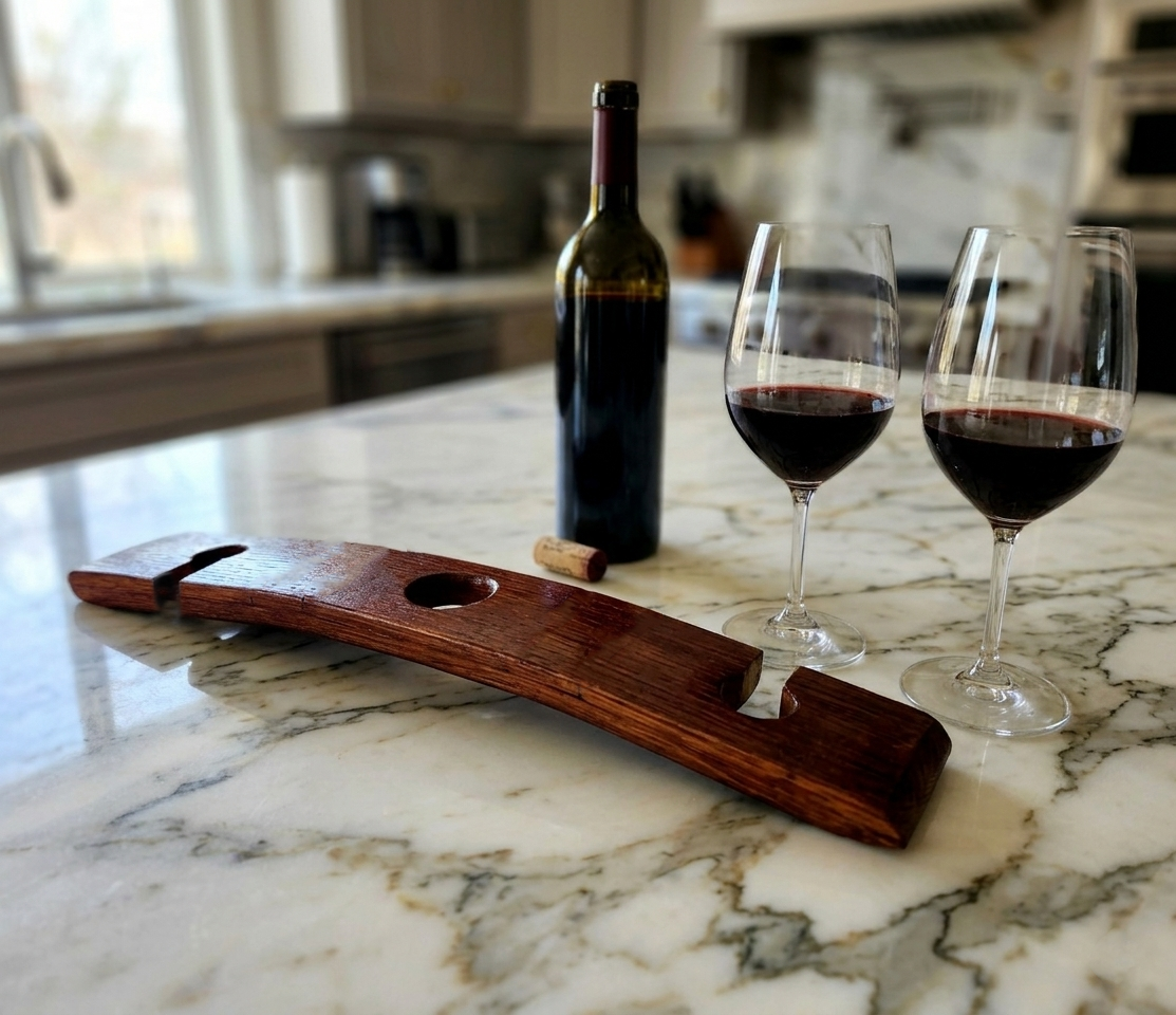 Barrel stave wine bottle holder, angled view – Lofi Woodworks