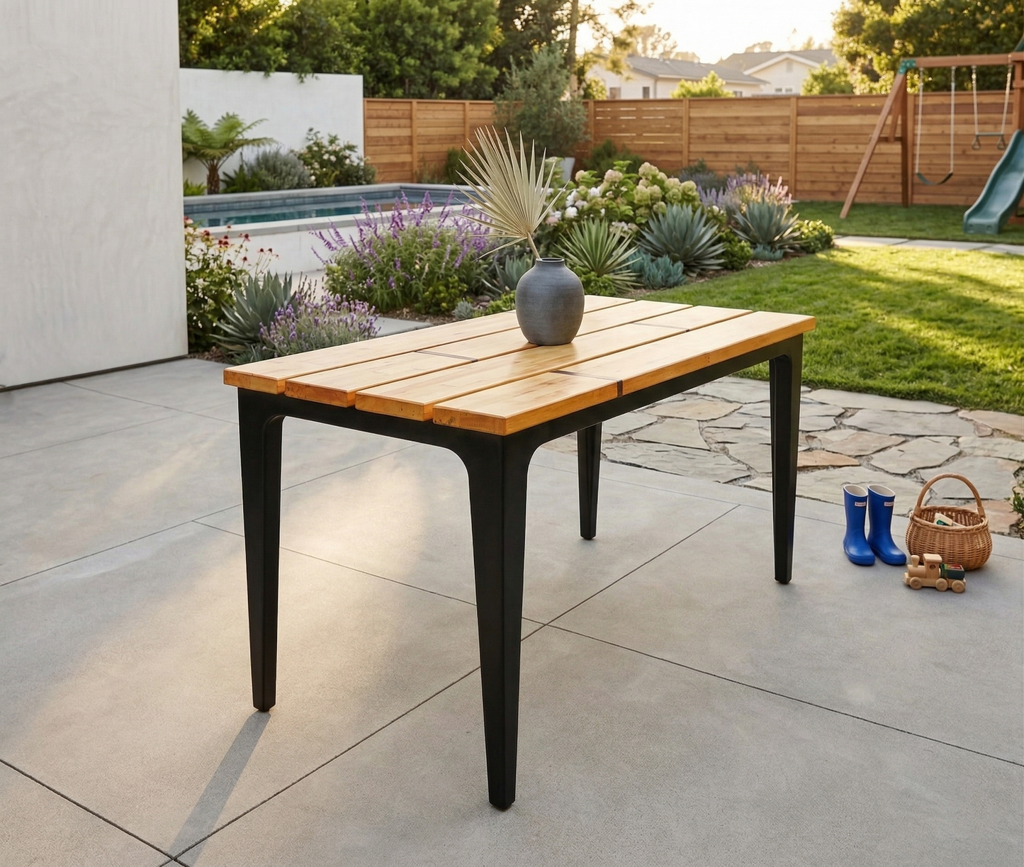Reclaimed butcher block outdoor table with hand-inlaid walnut detail – Lofi Woodworks