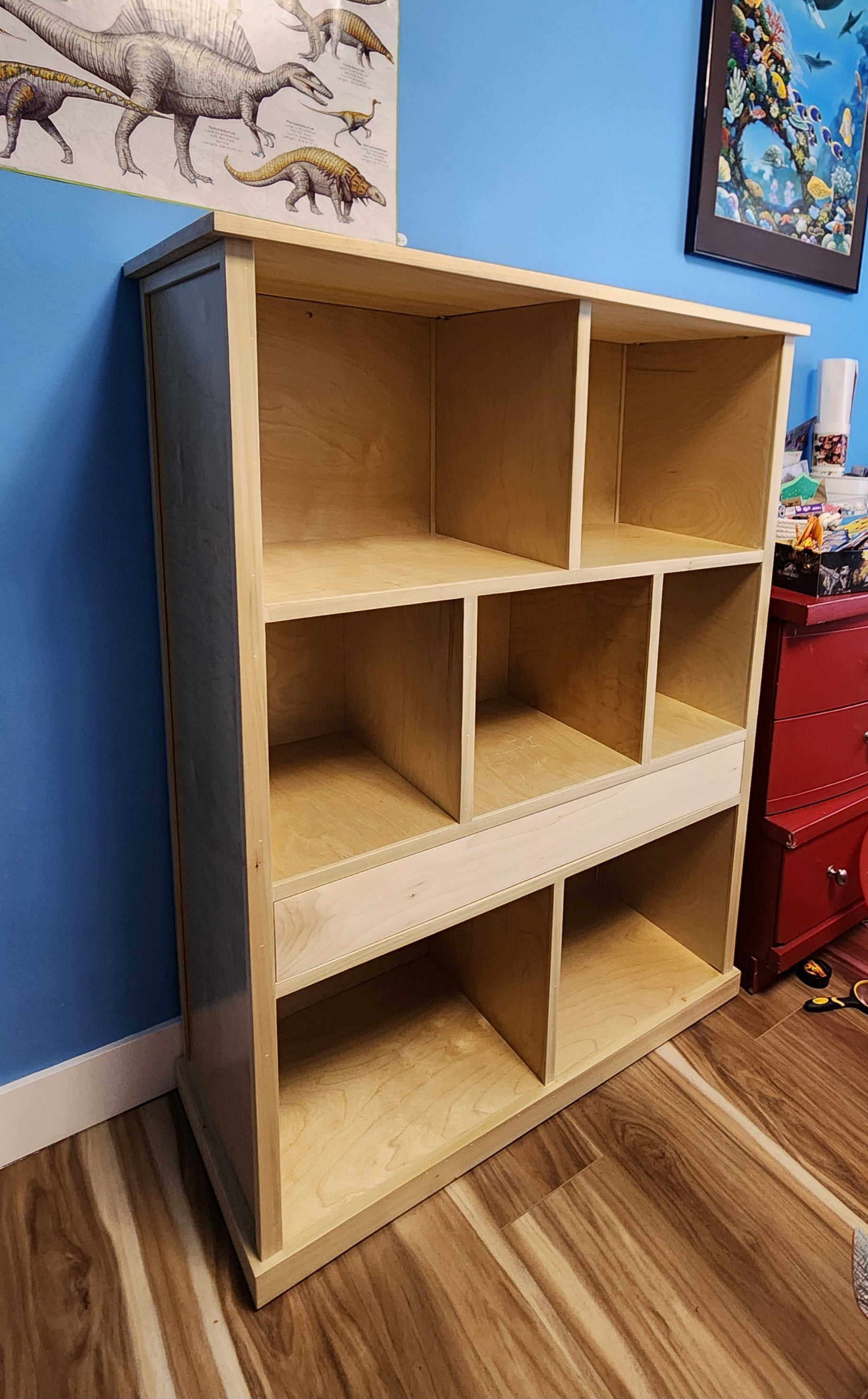 Handcrafted wood bookcase with open compartments and concealed drawer, custom display cabinet for organizing books and objects - Lofi Woodworks