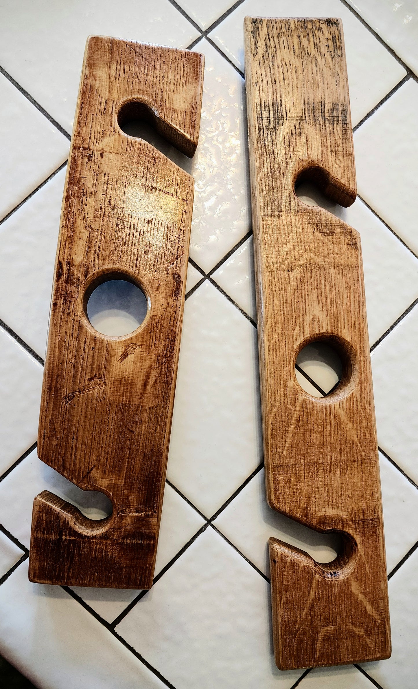 Close-up of wine barrel stave caddy, natural wood texture – Lofi Woodworks