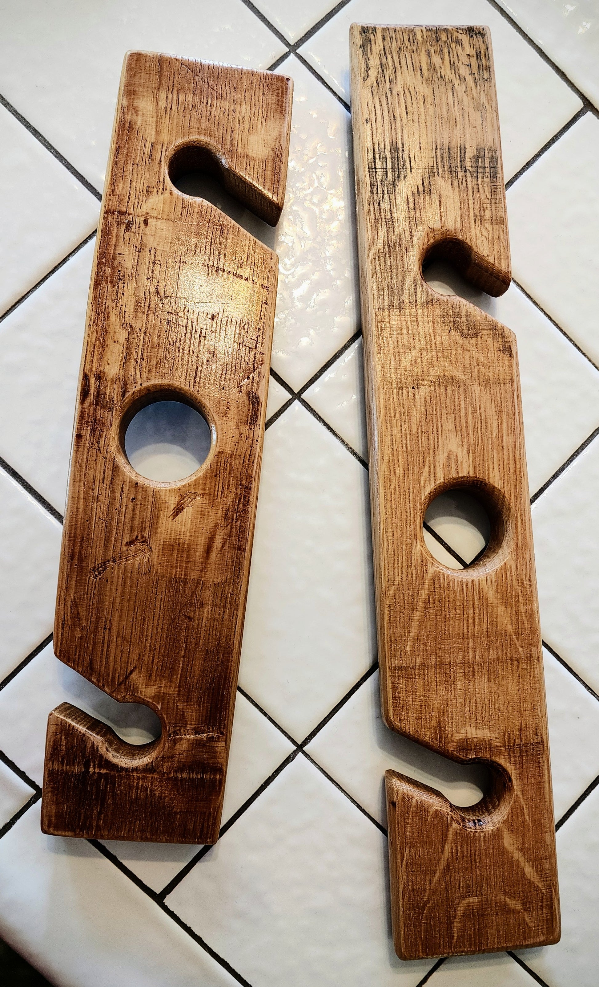Close-up of wine barrel stave caddy, natural wood texture – Lofi Woodworks