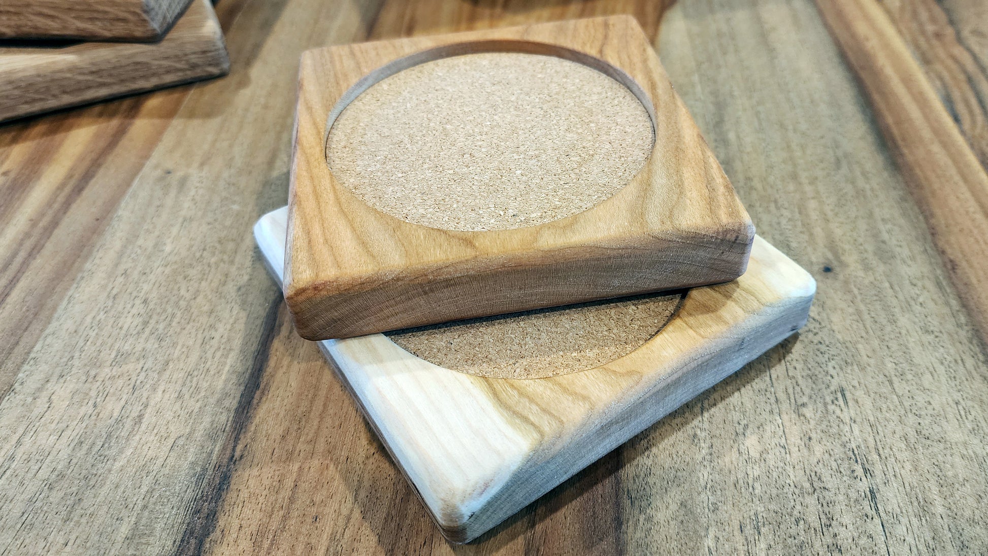 Handmade wood coaster set, overhead flat lay – Lofi Woodworks