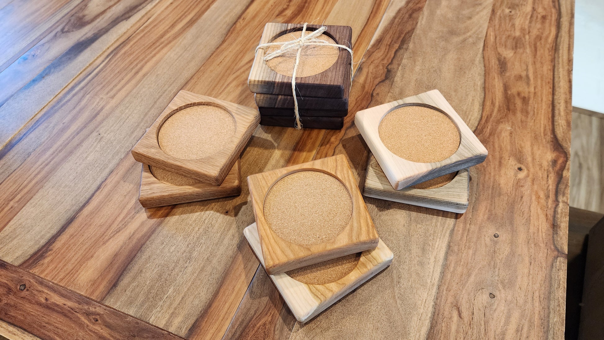 Lofi Woodworks reclaimed wood coasters, warm interior setting – Lofi Woodworks